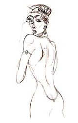 Modèle portant une robe dos nu et un monocle